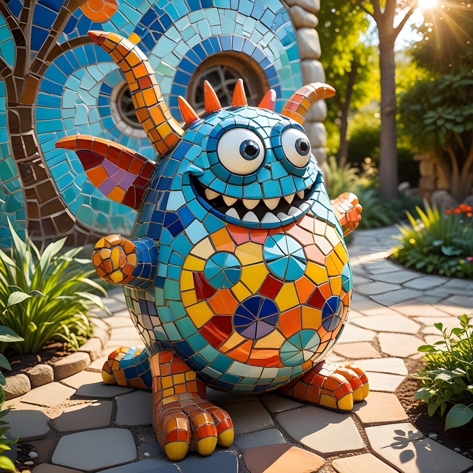 Playful Cartoon Mosaic Monster Statue