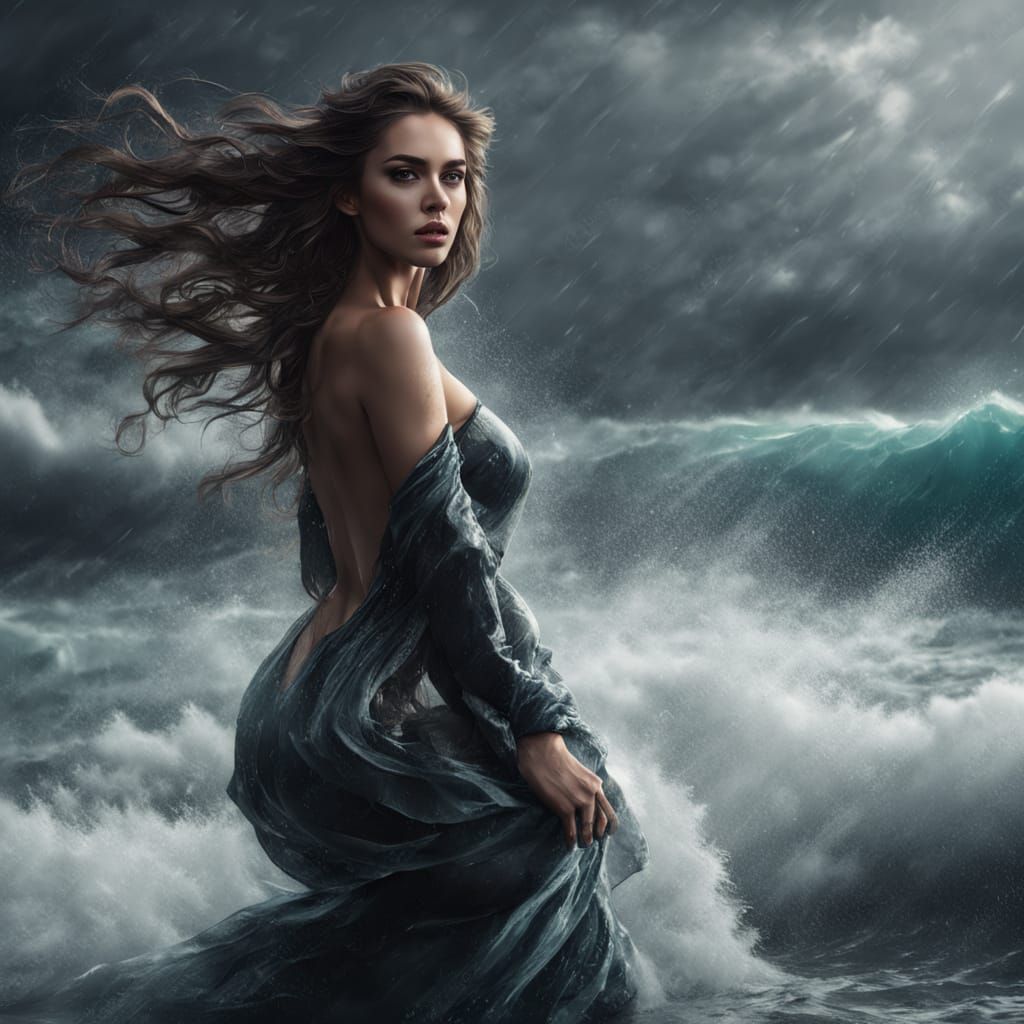 Sensual Mermaid in a Turbulent Stormy Ocean