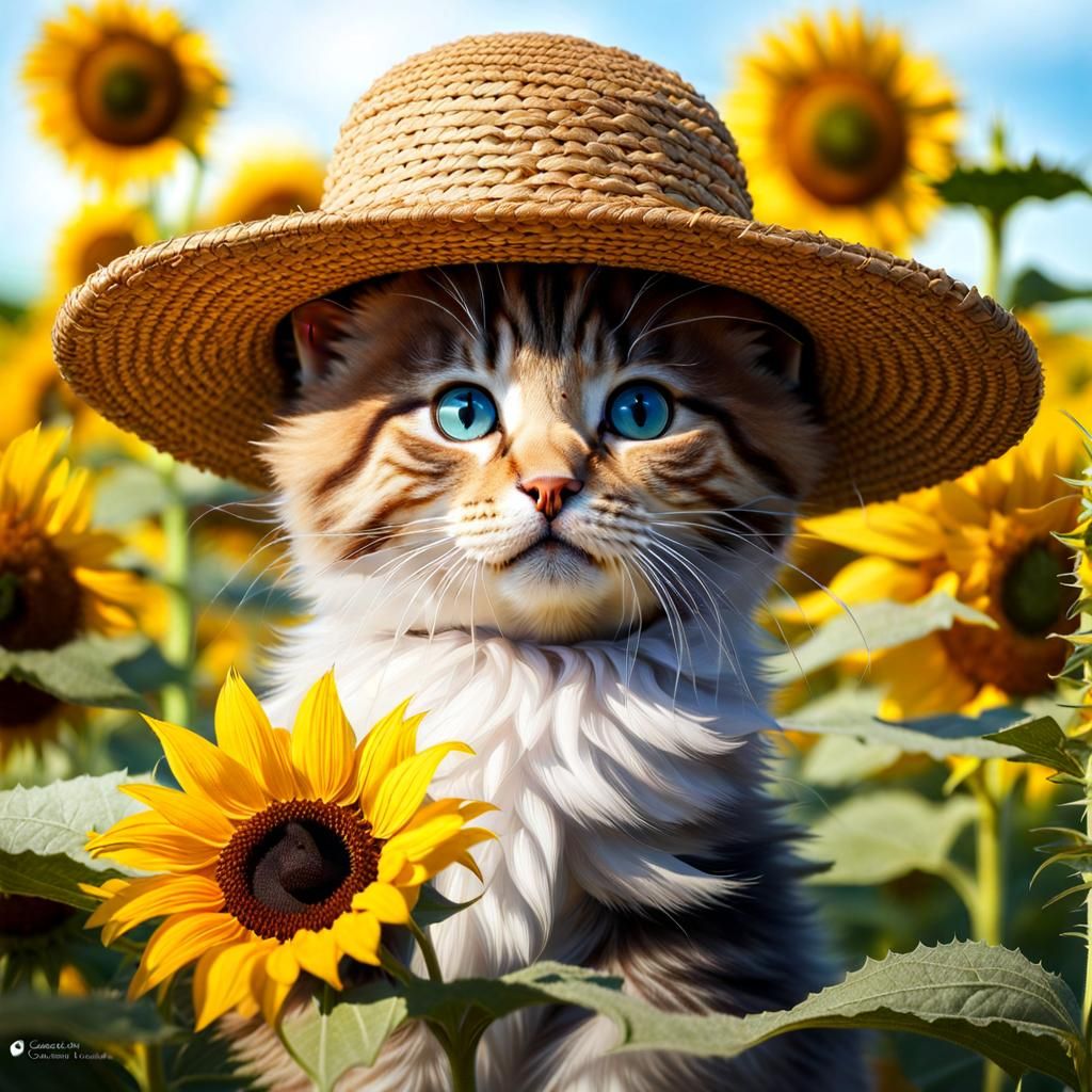 Cute Kitten in Sunflowers, Whimsical Art