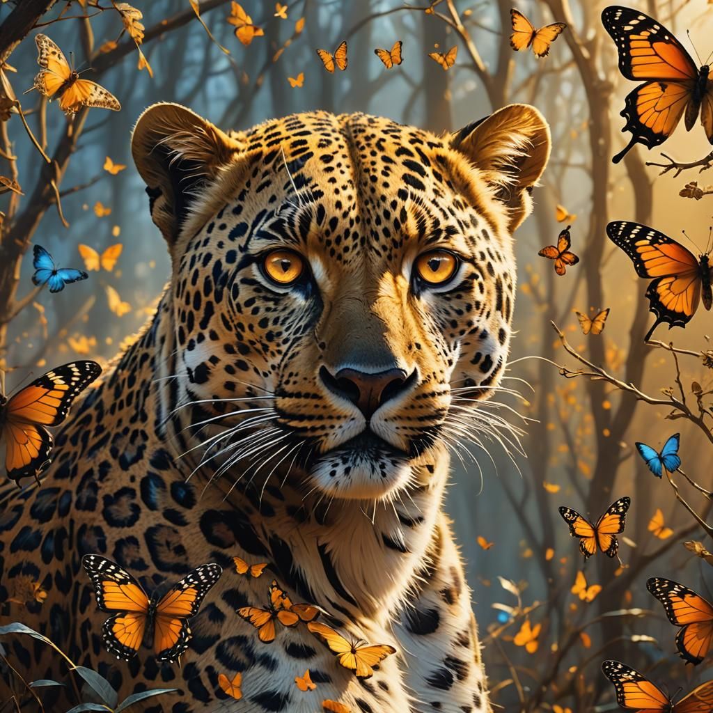Leopard with Butterflies in Golden Environment