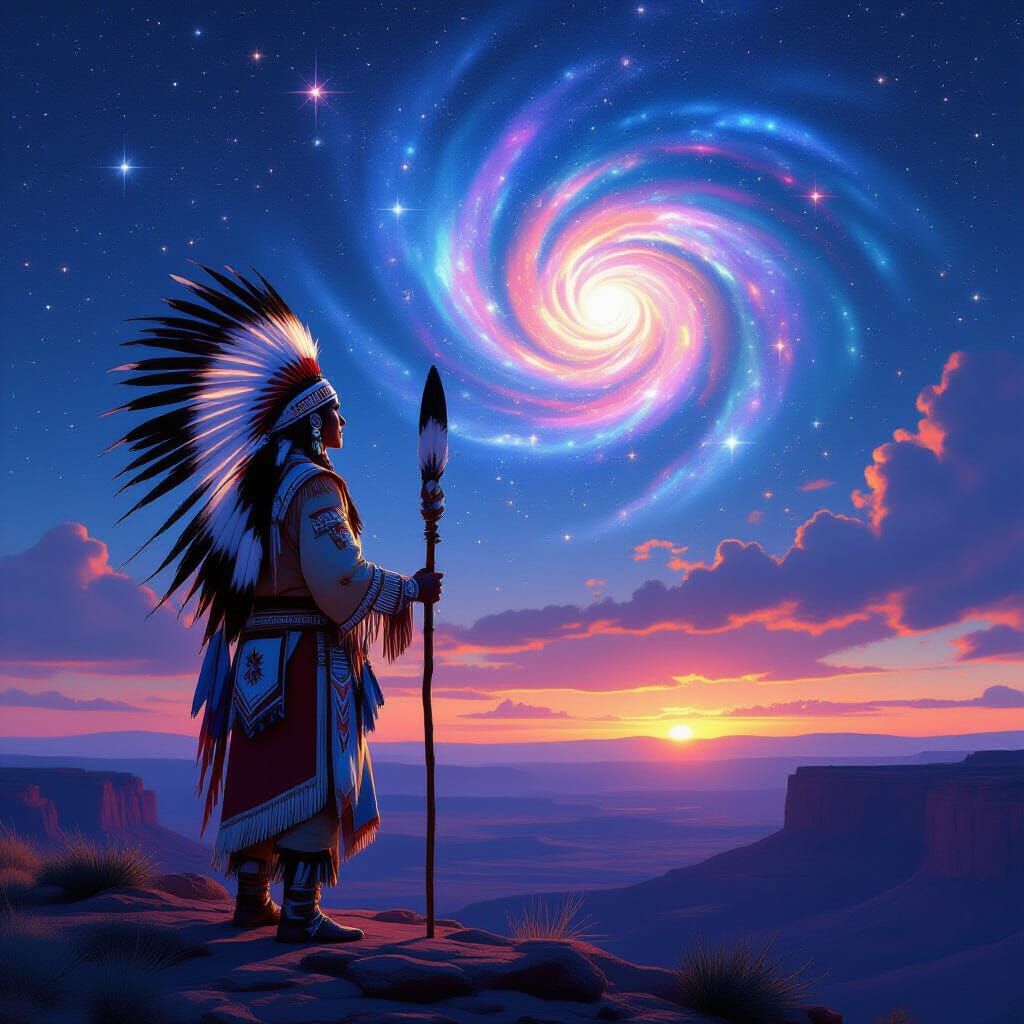Native American Chieftain Gazing at Swirling Galaxy