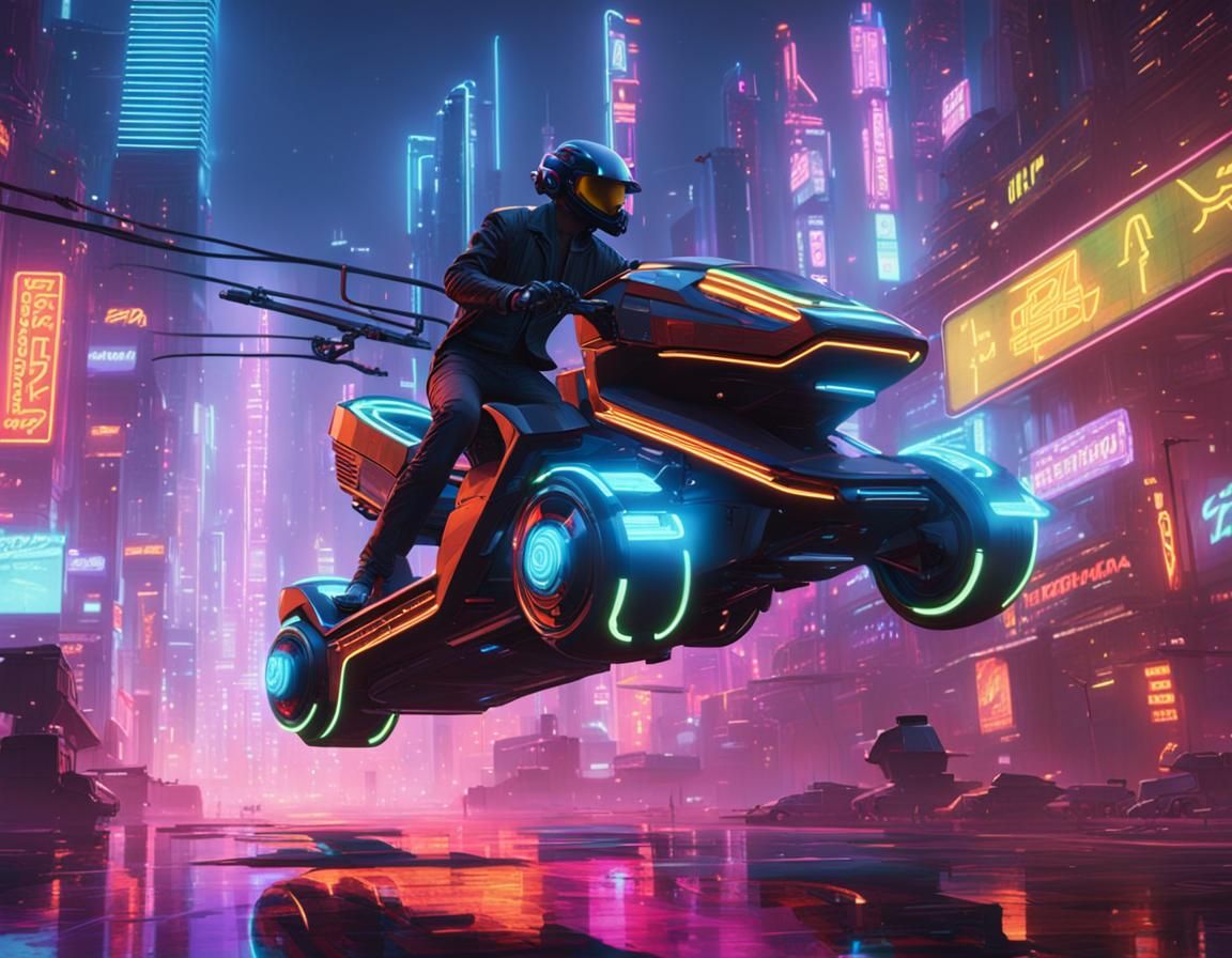 Cyberpunk Hoverbike in Neon Cityscape