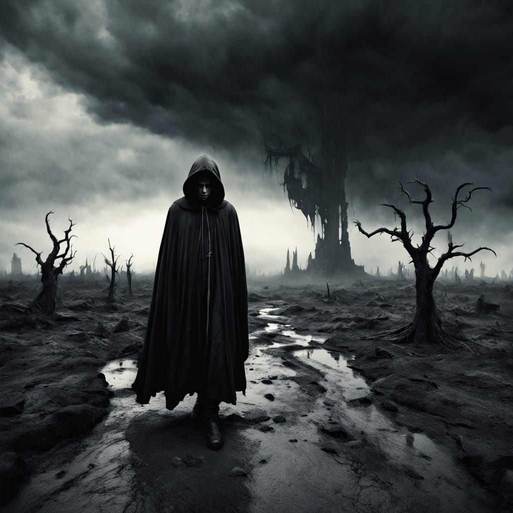 Skeletal Figure in Dark Surrealist Landscape