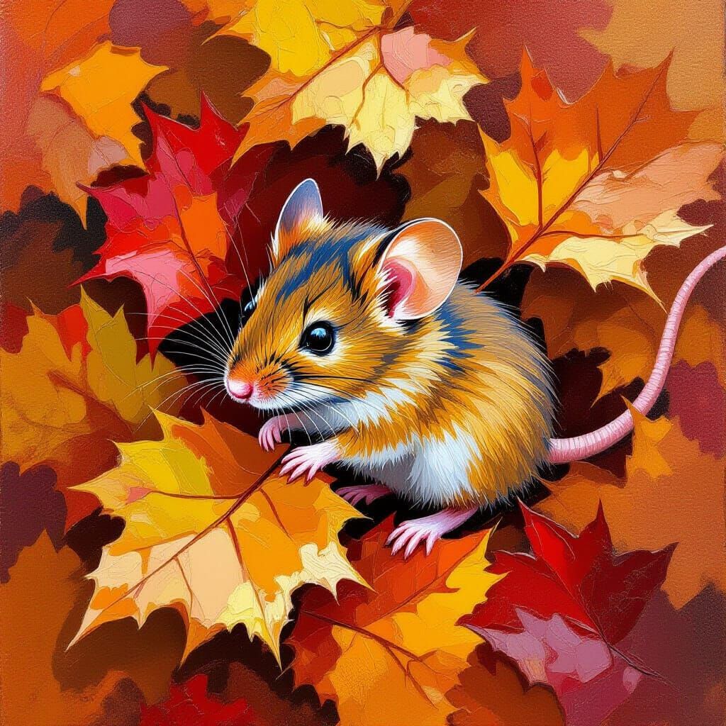 Mouse in Autumn Leaves, Impasto Oil Painting