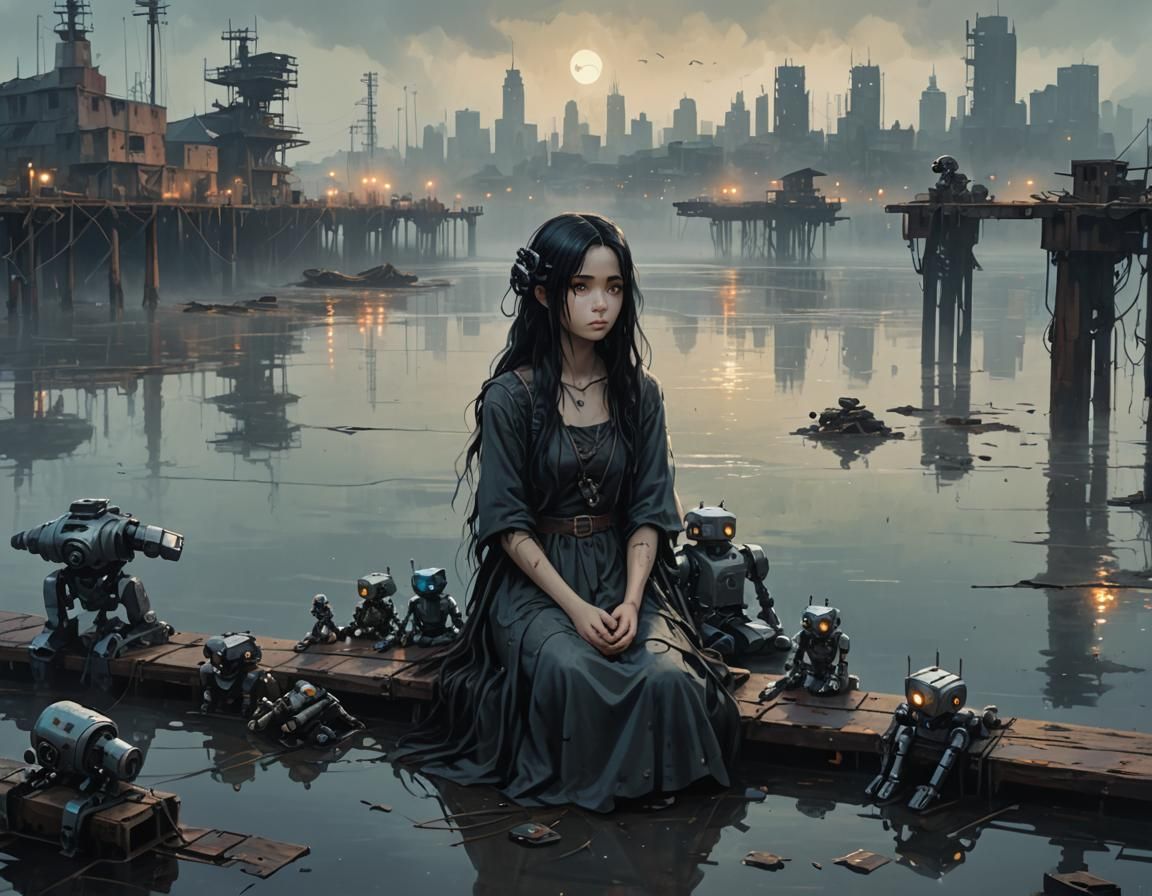Melancholic Girl in Dystopian Cityscape: Surreal Japanese Ar...