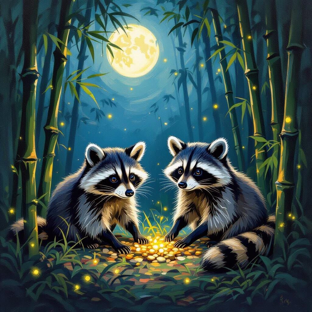 Raccoons Discover Treasure in Moonlit Forest, Impressionist ...