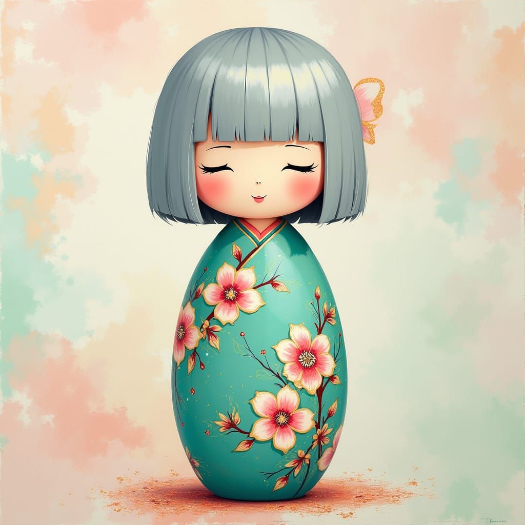 Elegant Kokeshi Doll in Pastel Hues and Silver Accents