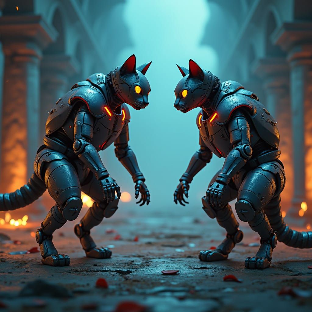 Cyberpunk Robot Cats Engage in a High-Stakes Duel