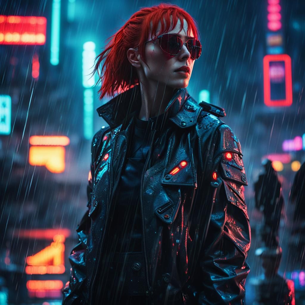 Cyberpunk Soldier in Rainy, Neon-lit Cityscape