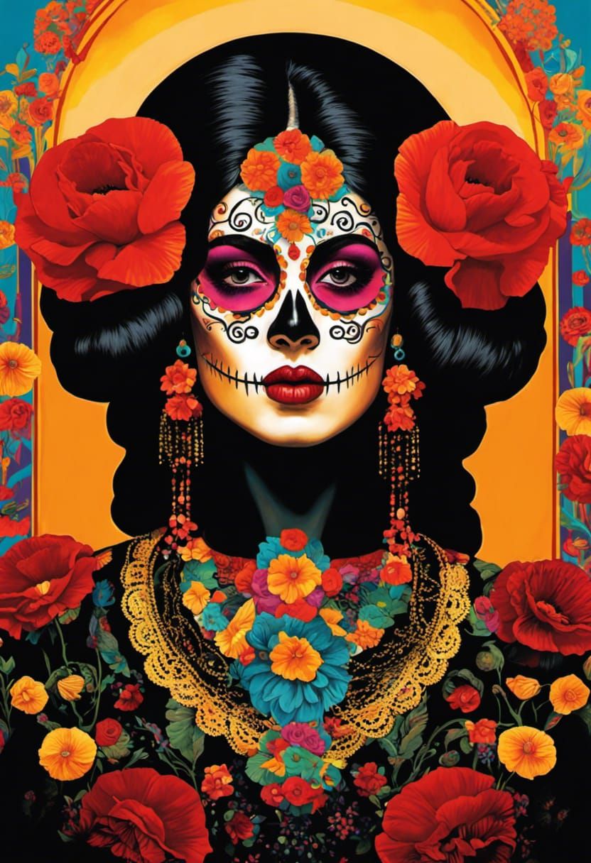 Dia de los Muertos Woman in Klimt-Inspired Geometric Style