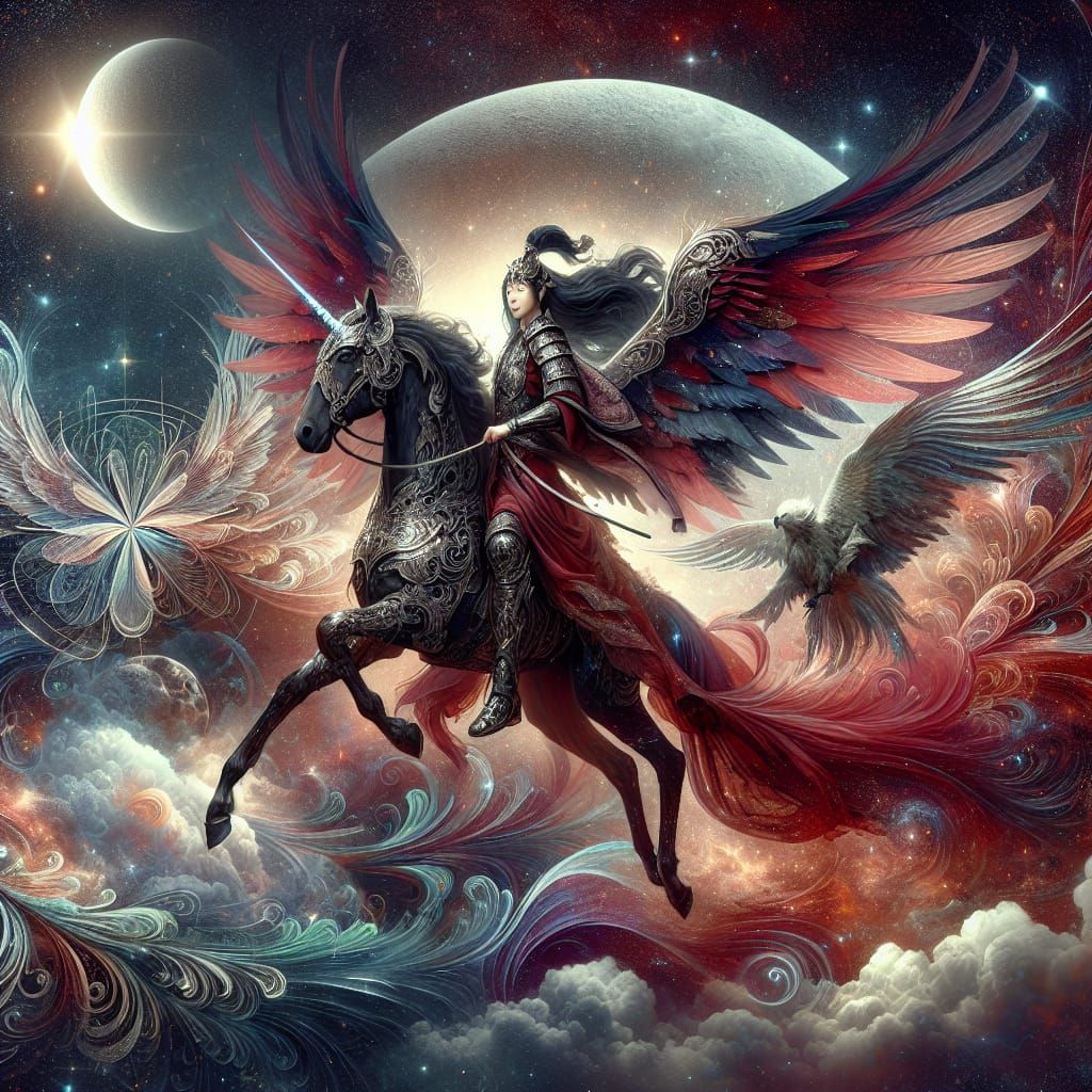 Asian Queen Warrior on Unicorn Pegasus in Space