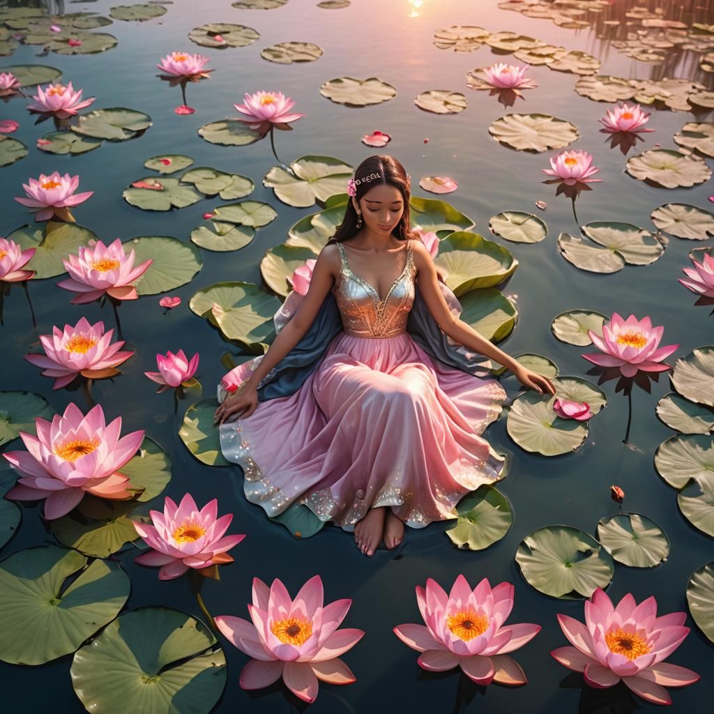 beauty goddess sleeping in a Beautiful Pink Lotus Flower Flo...