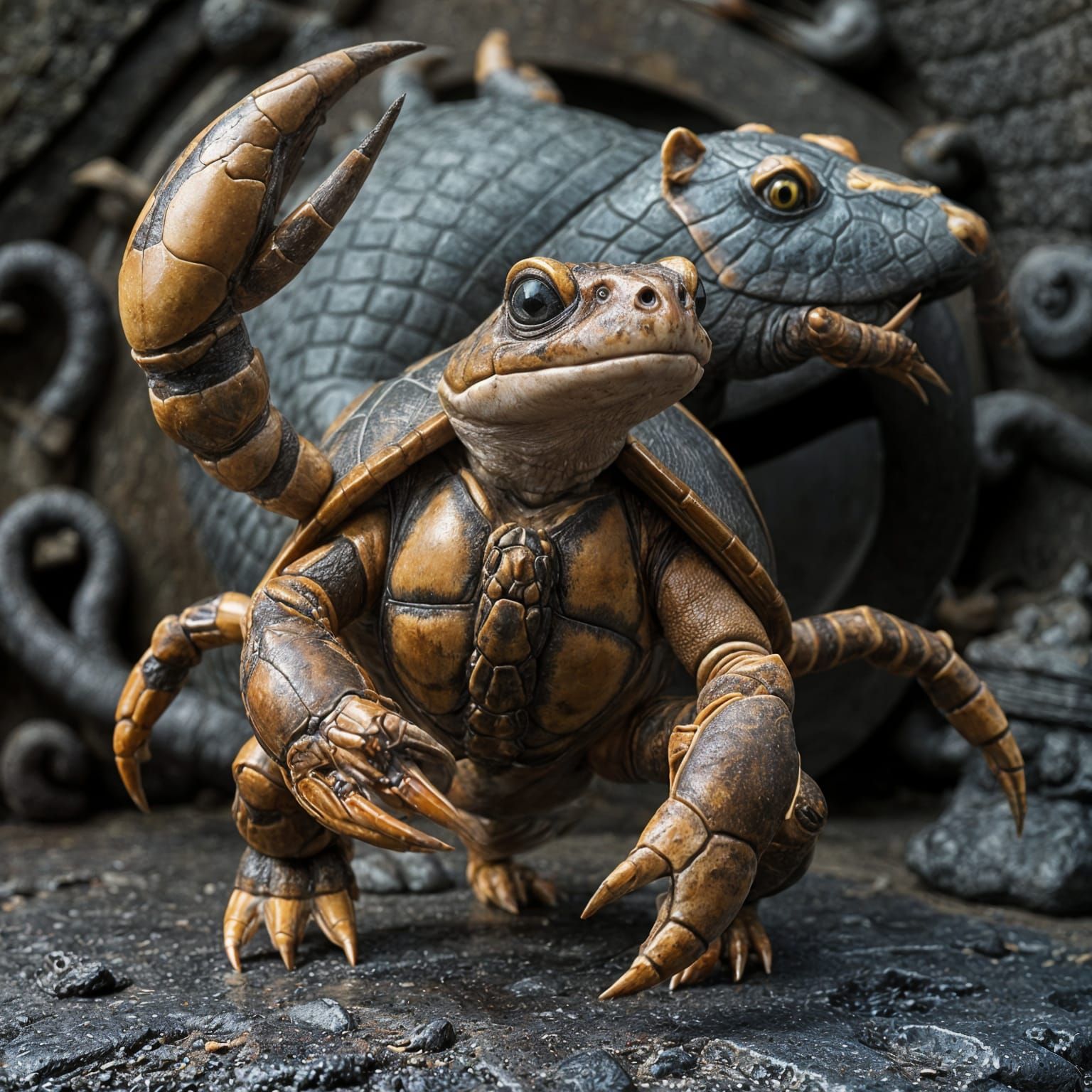 Crab-Turtle Hybrid with Ninja Rat Sculpture