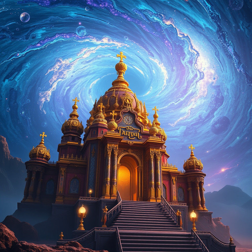 Majestic Temple in Dreamlike Sci-Fi Landscape