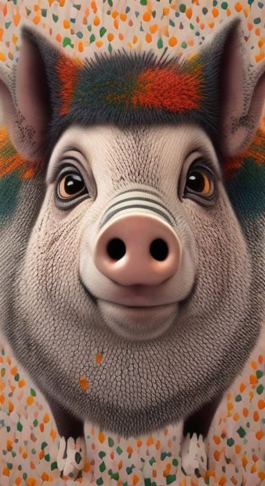 Australian Aboriginal Art Pig Portrait in Dot Painting Style