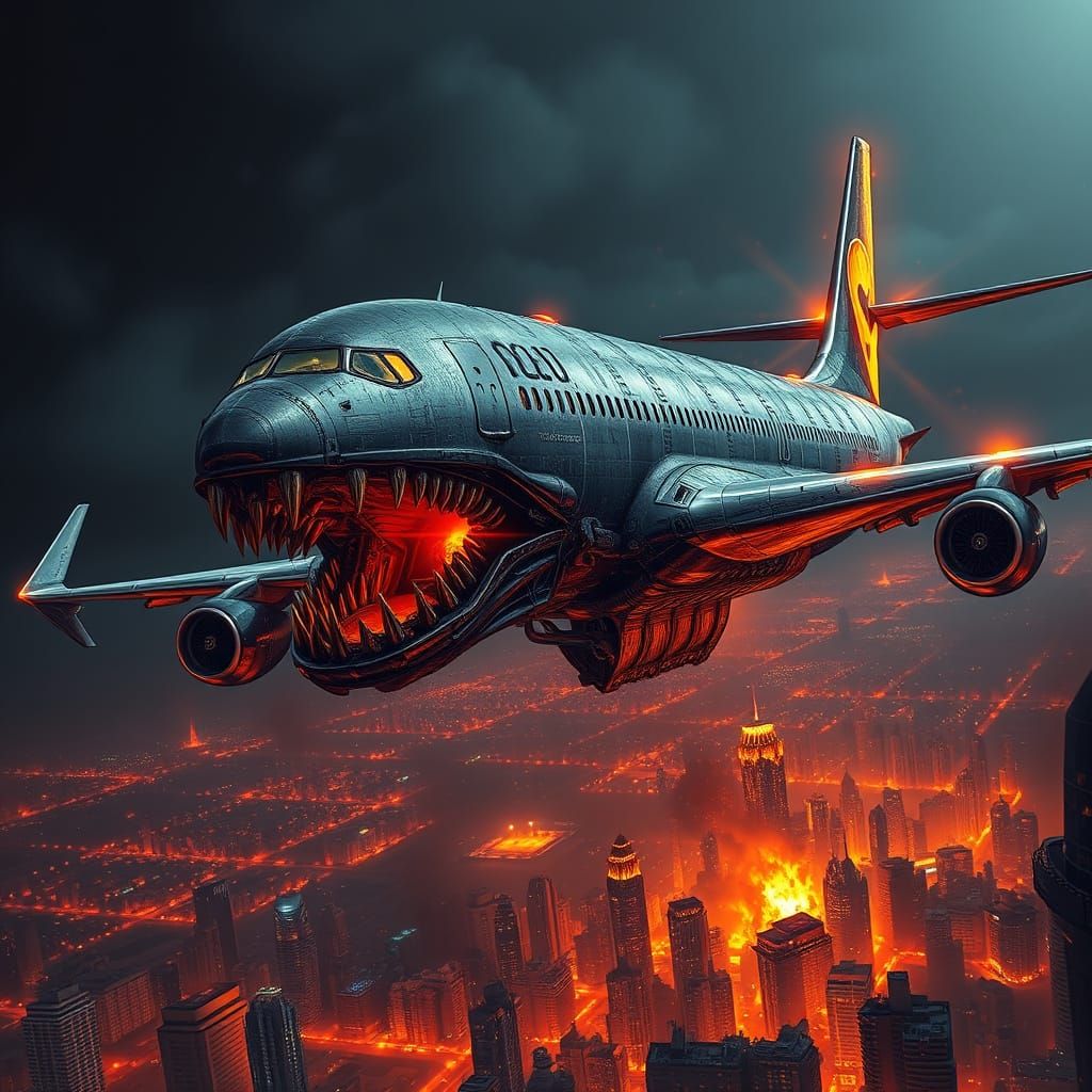 Mutant Boeing 787 Soars Over Burning Metropolis at Night