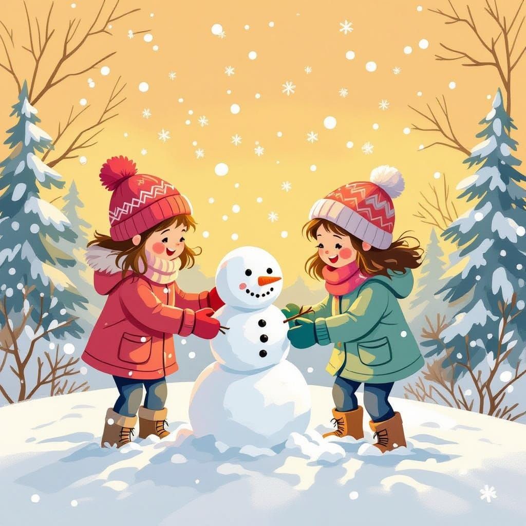 Girls Building Snowman in Whimsical Winter Scene