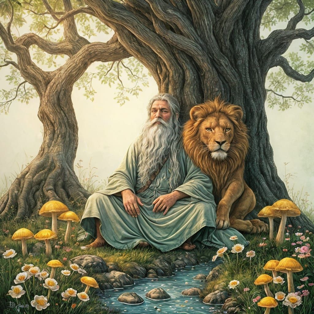 Druid and Lion Beneath Glowing Mushrooms