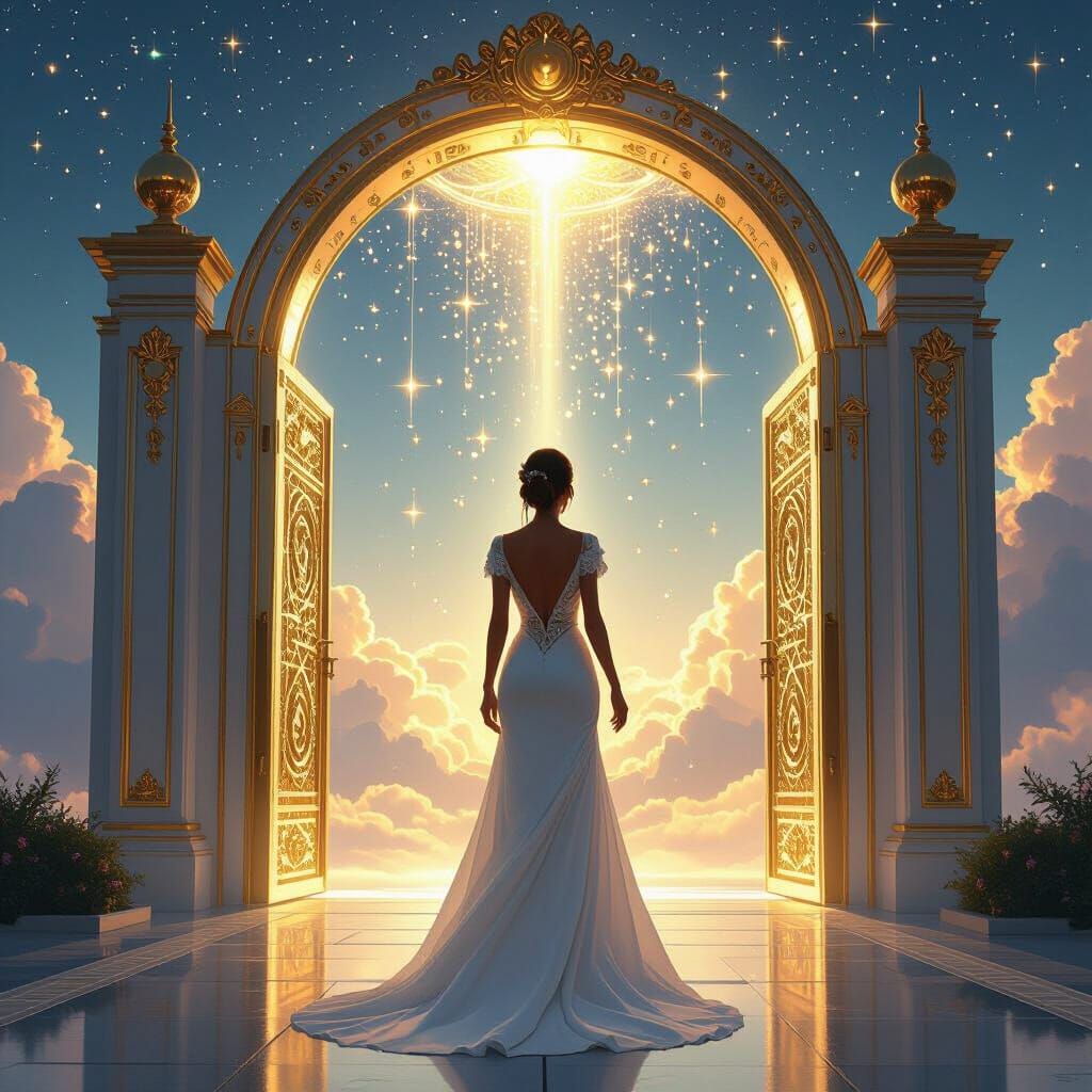 Majestic Woman at Heaven's Gate in Futuristic Style