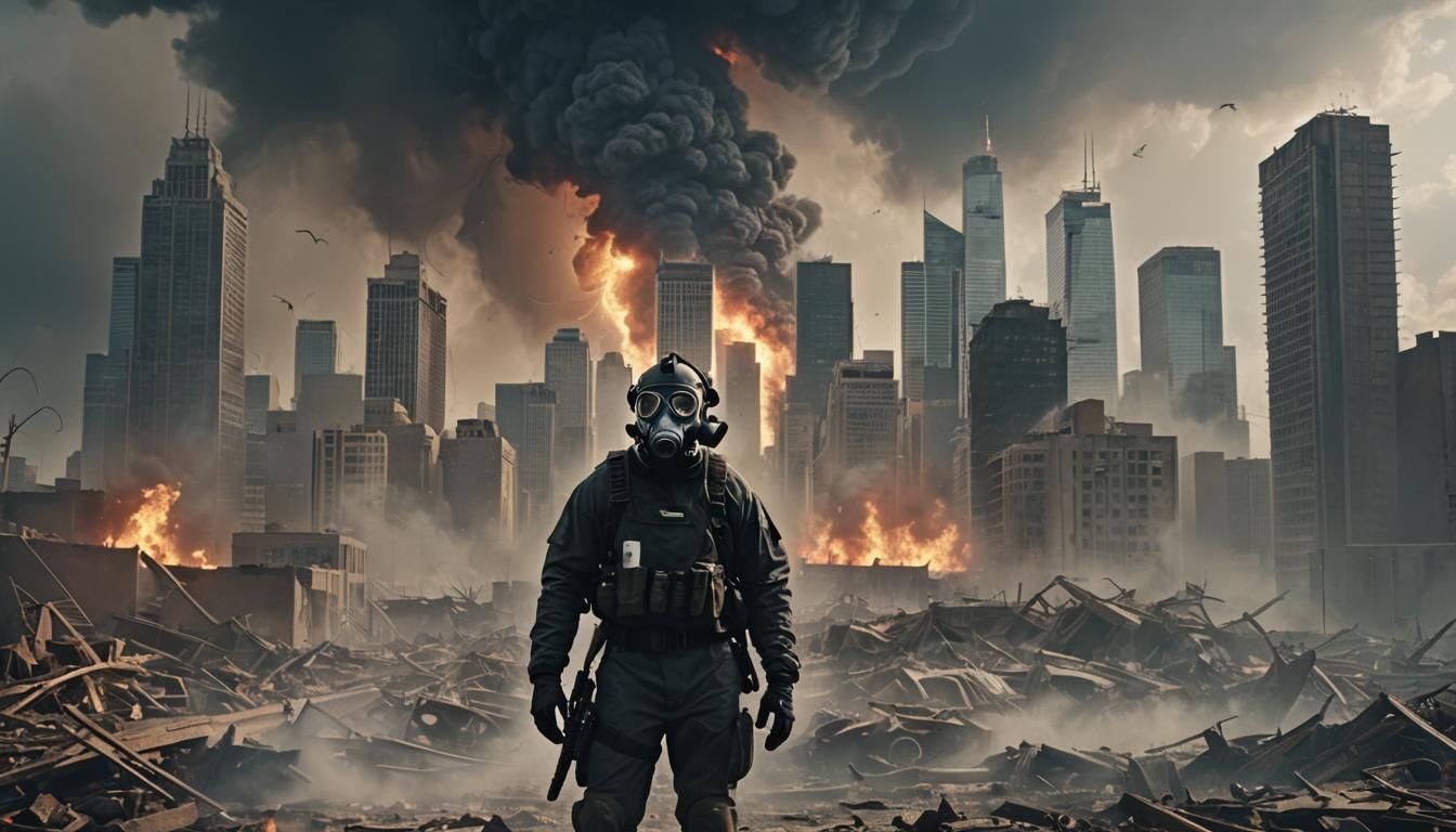 Apocalyptic Protester in Ravaged Cityscape