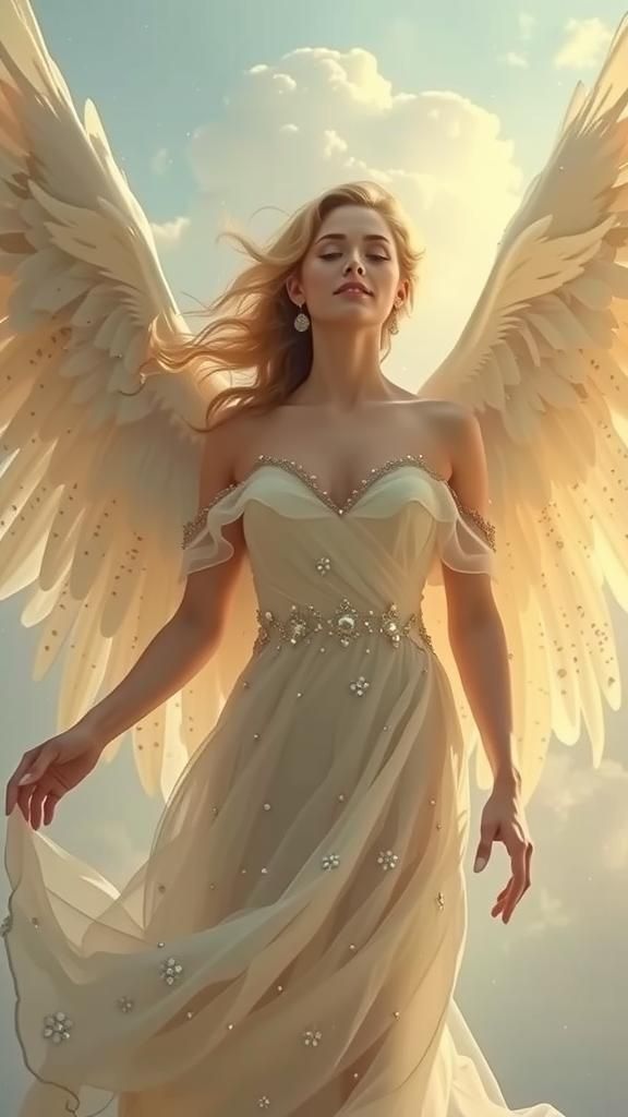 Majestic Angel Descending, Golden Glow in Pre-Raphaelite Sty...