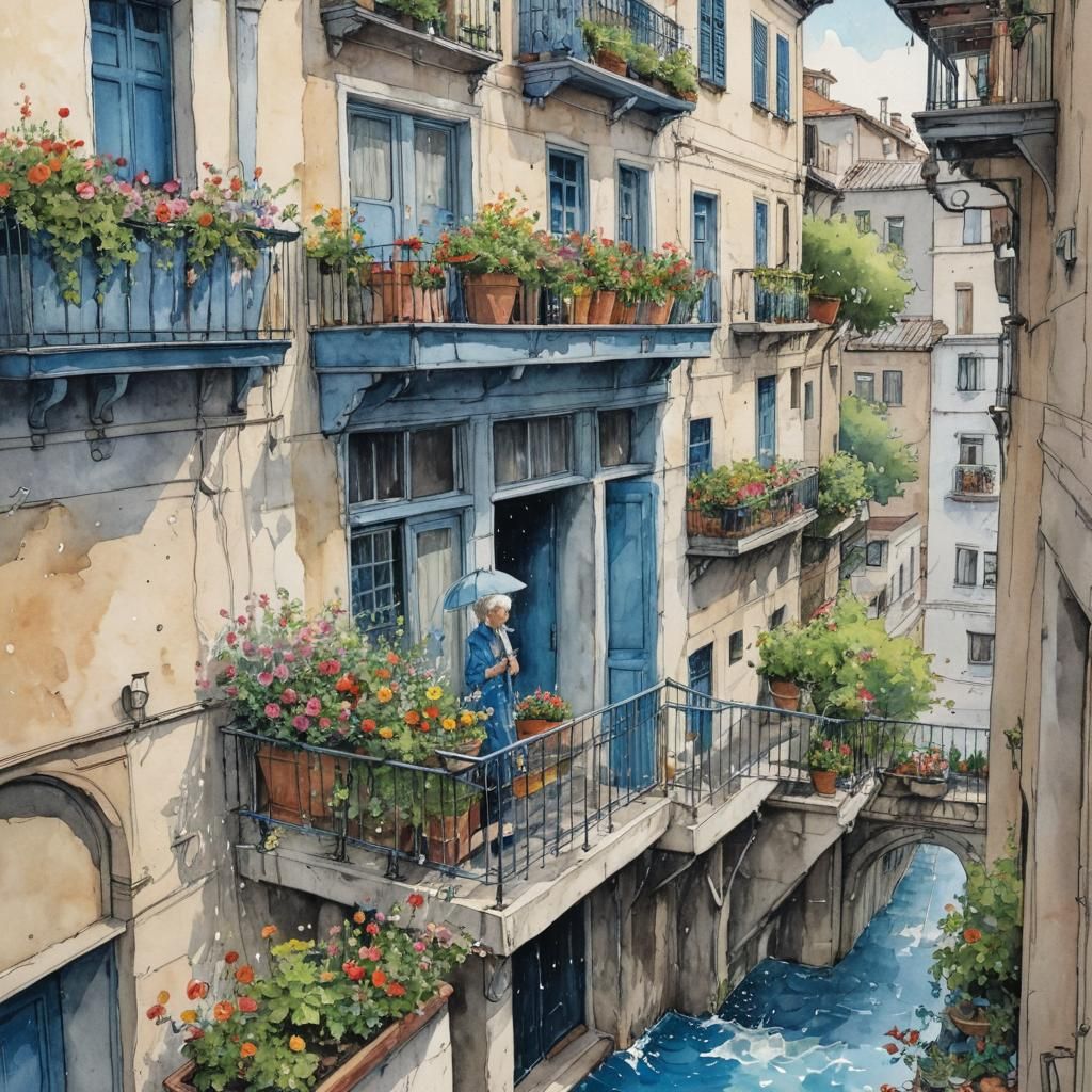 Watercolor Balcony Scene in Comic Book Style