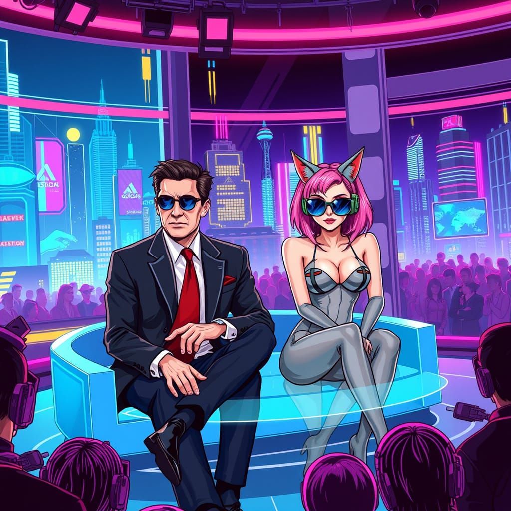Cyberpunk Talk Show Hosts Reveal Futuristic City Secrets