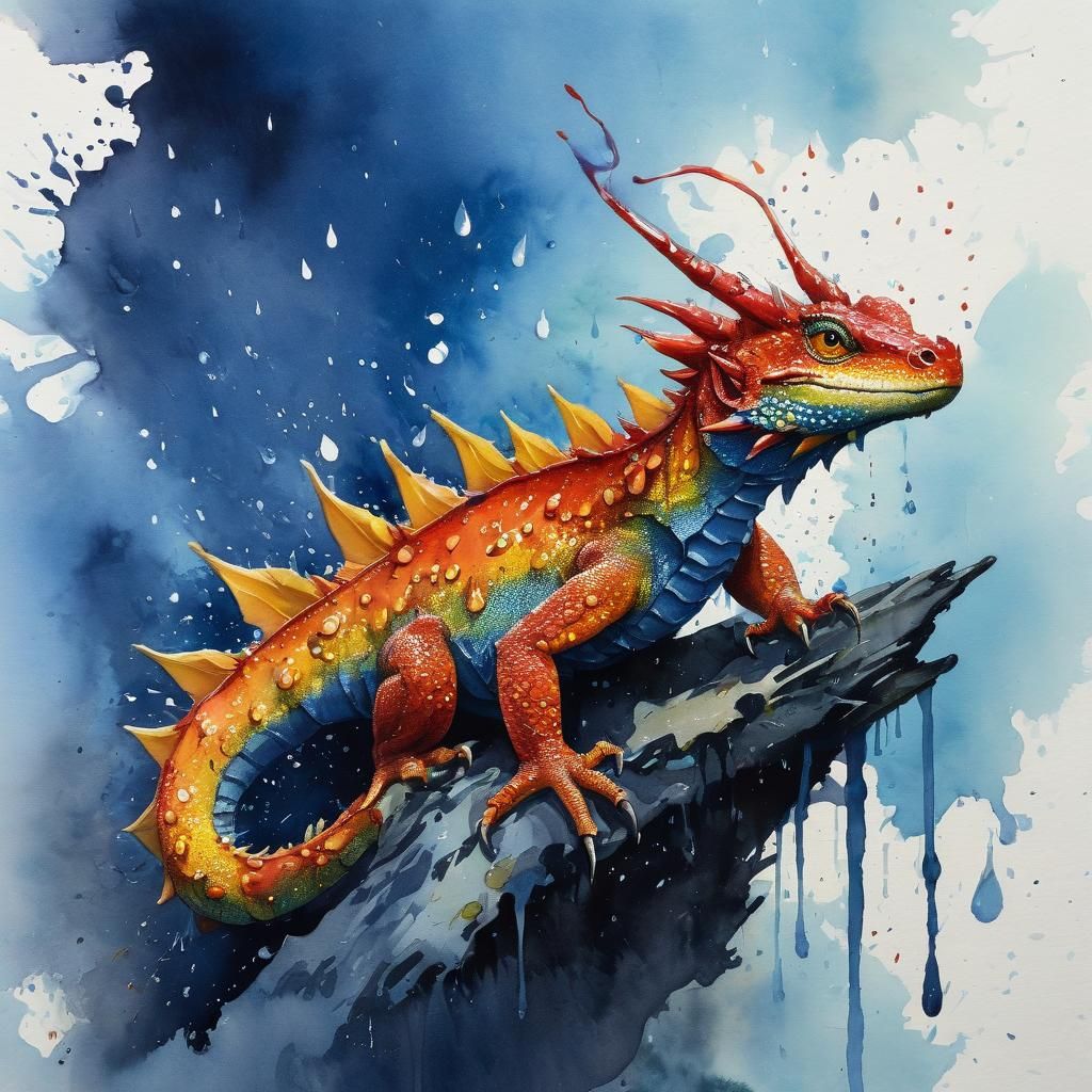 Watercolor Dragon with Splatters and Gouache Details