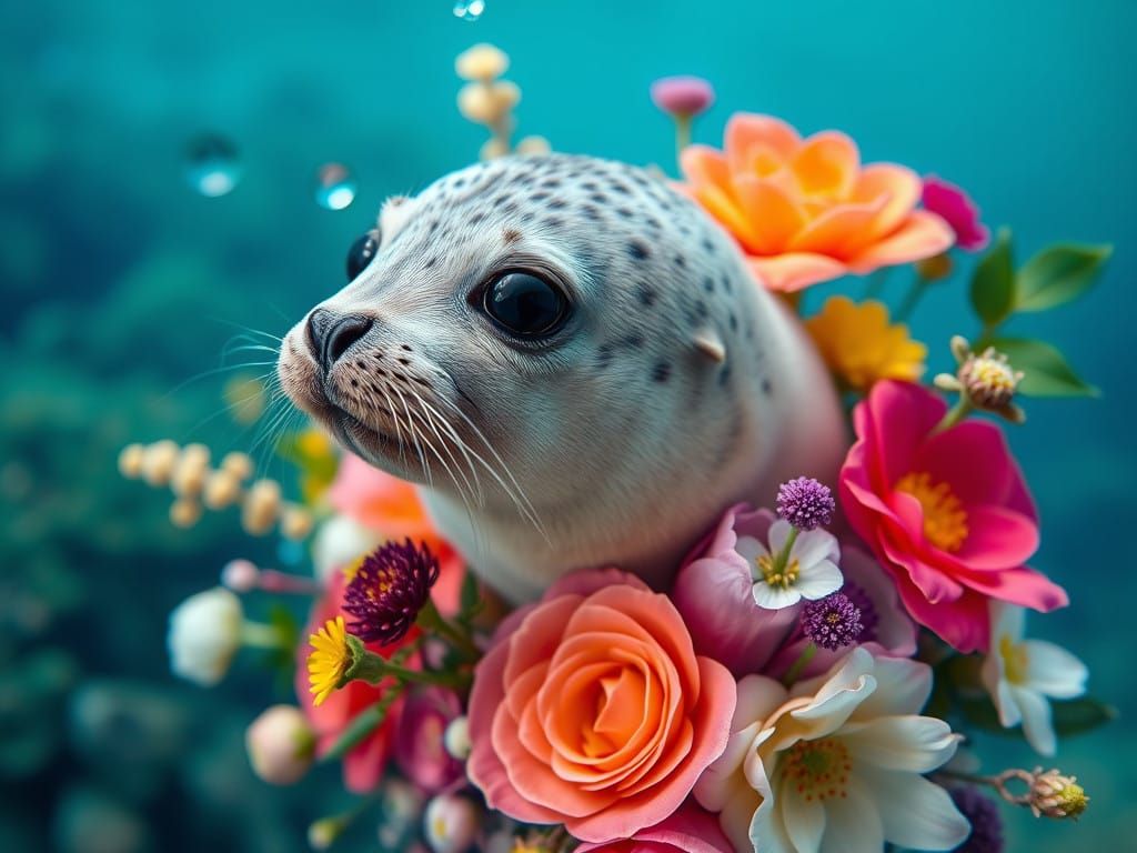Surreal Underwater Floral Wonderland with Adorable Baby Seal