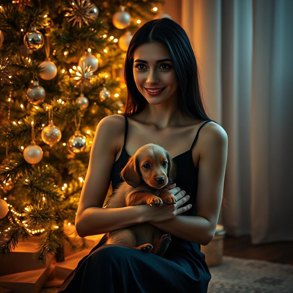 Elegant Woman with Dachshund by Glowing Christmas Tree