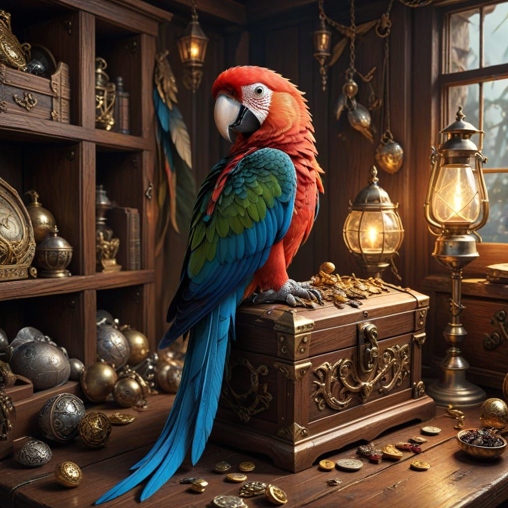 Pirate Parrot Guarding Treasure in Oil Painting Style