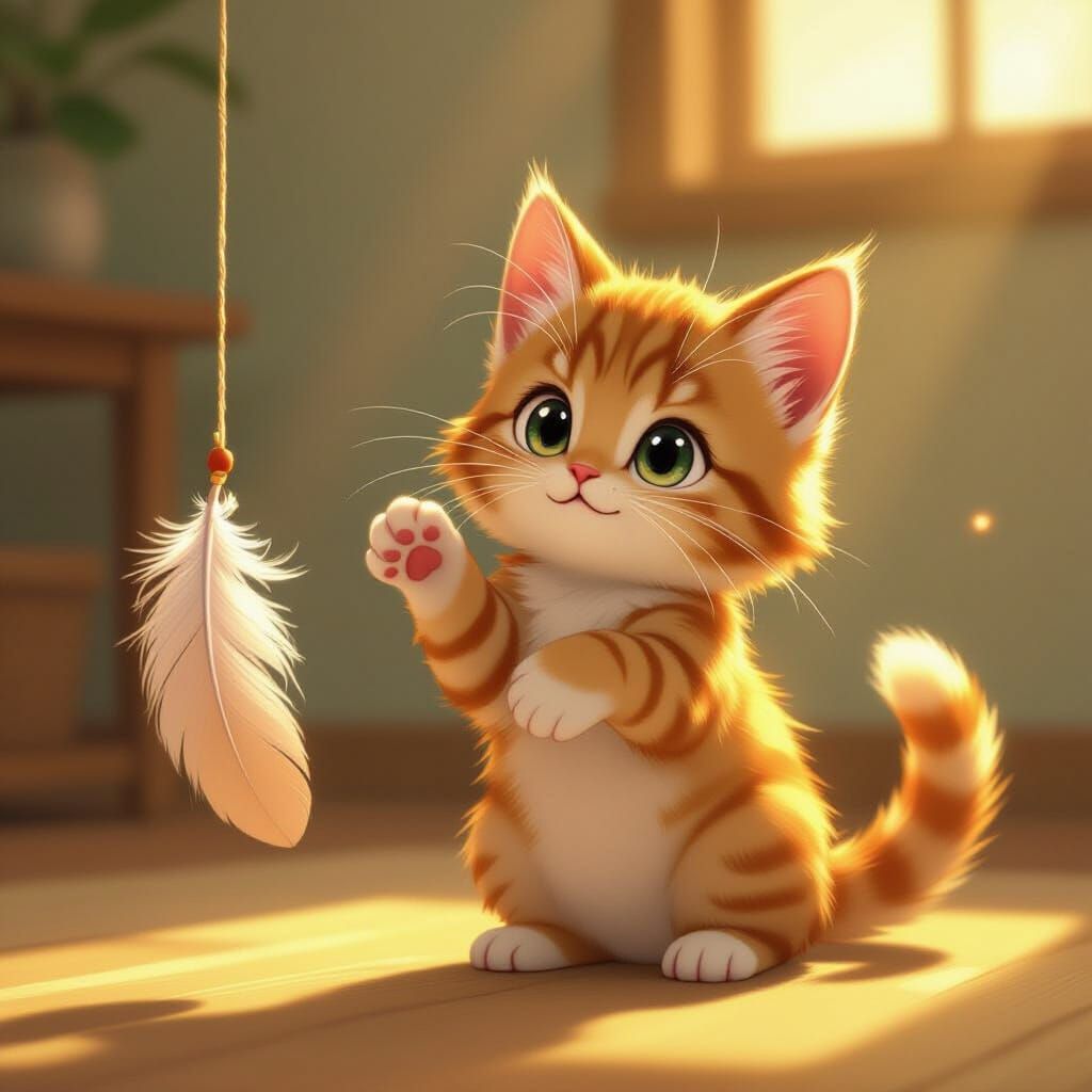 Fluffy Ginger Kitten Plays With Feather Toy in Ghibli Style