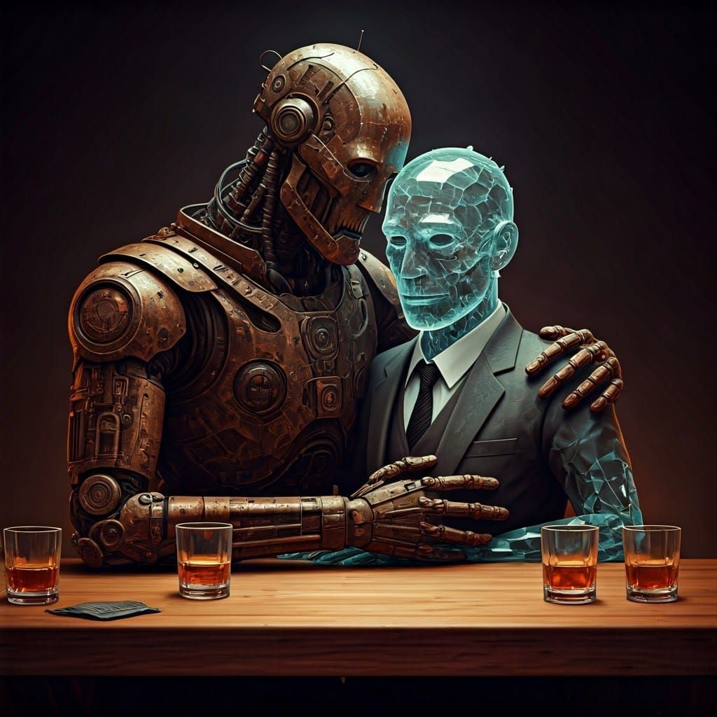 Cyborgs Embrace in Dimly Lit Film Noir Scene