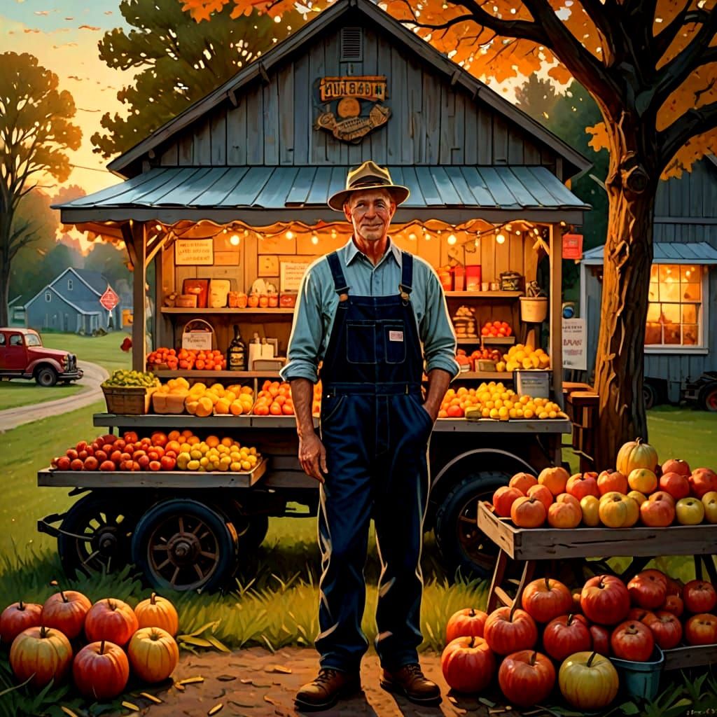 Rustic Farmstand Scene in Oil Painting Style