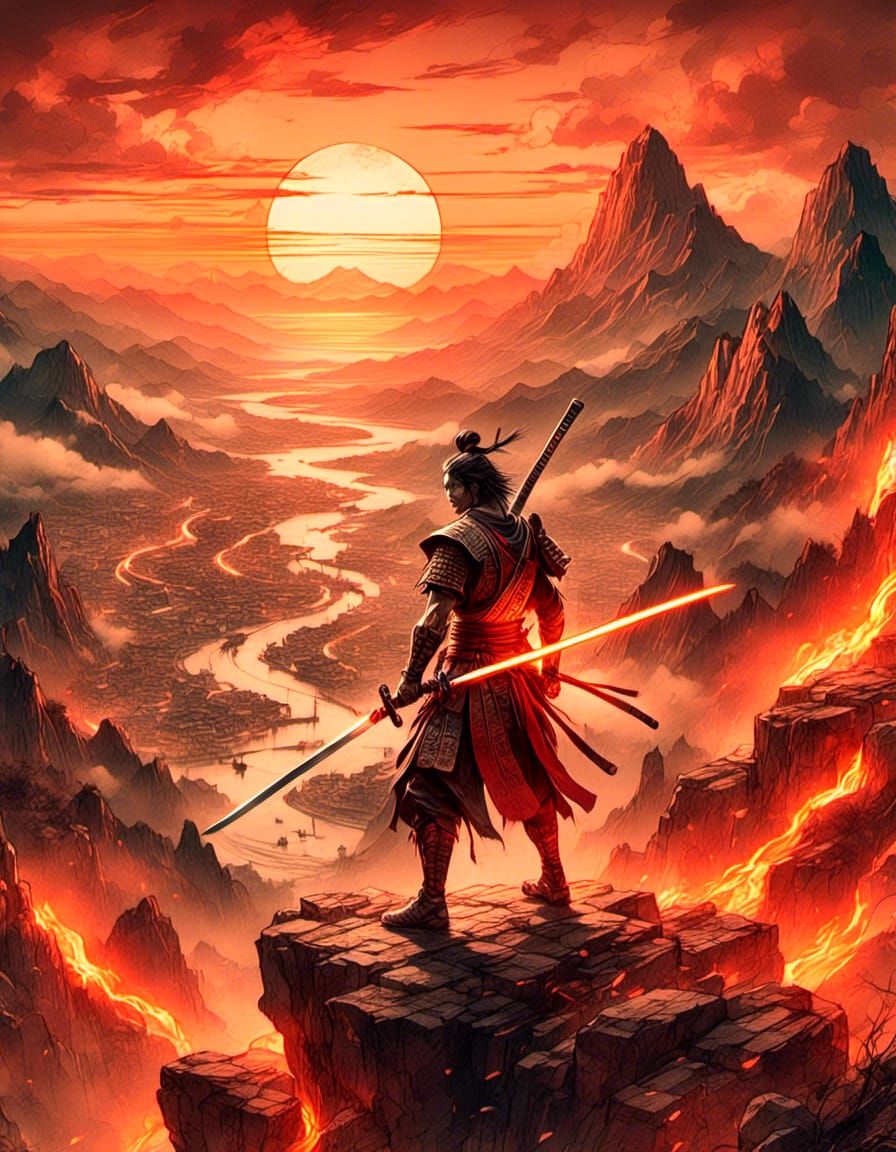 Samurai Warrior with Katana at Sunset in Ukiyo-e Style