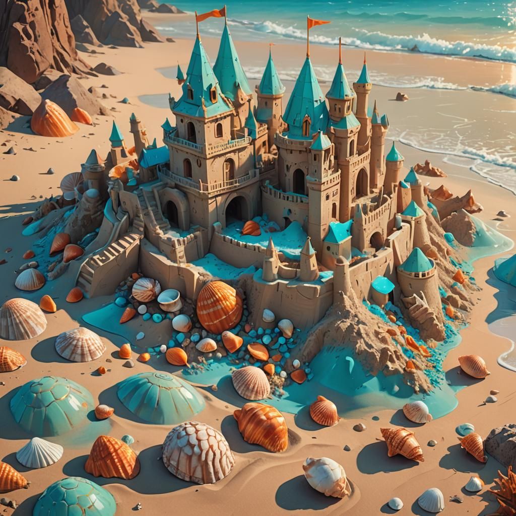 Seashell Sand Castle on Tropical Beach, Digital Matte Painti...