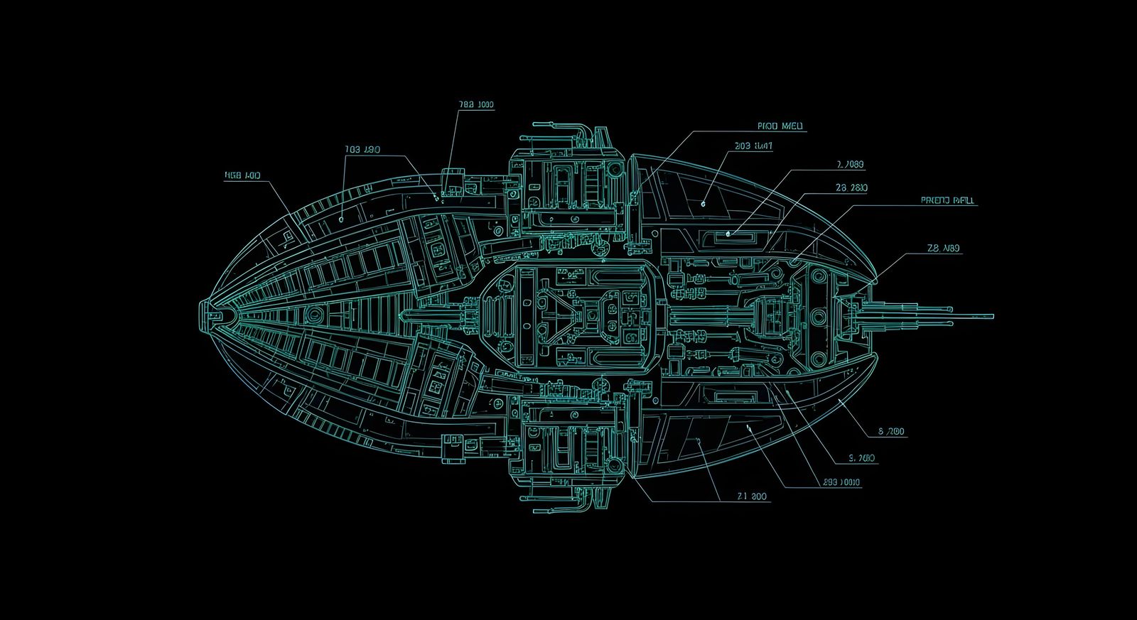 Ominous Alien Spaceship Technical Drawing in Neon