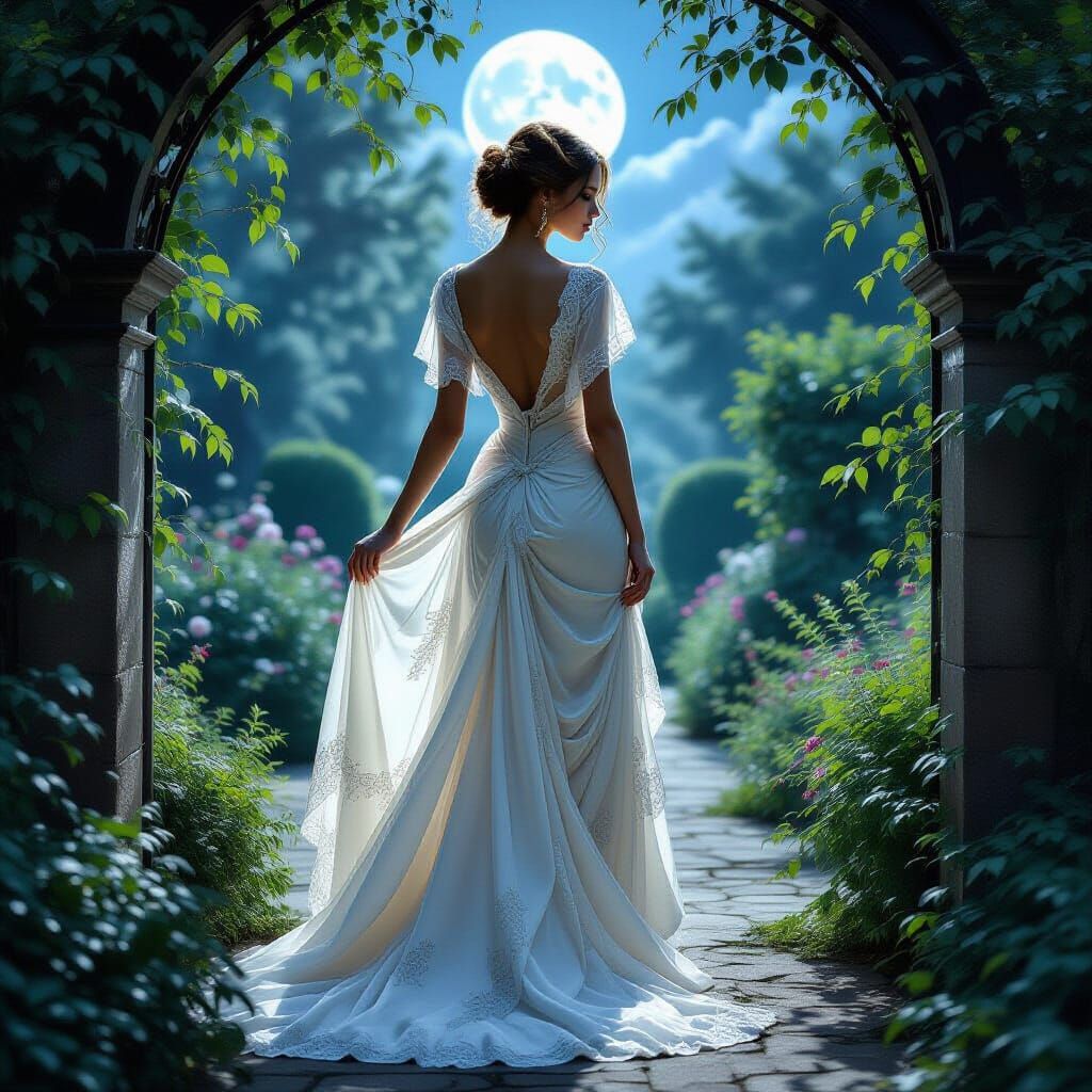 Victorian Moonlight Portrait: Ethereal Silk Dress