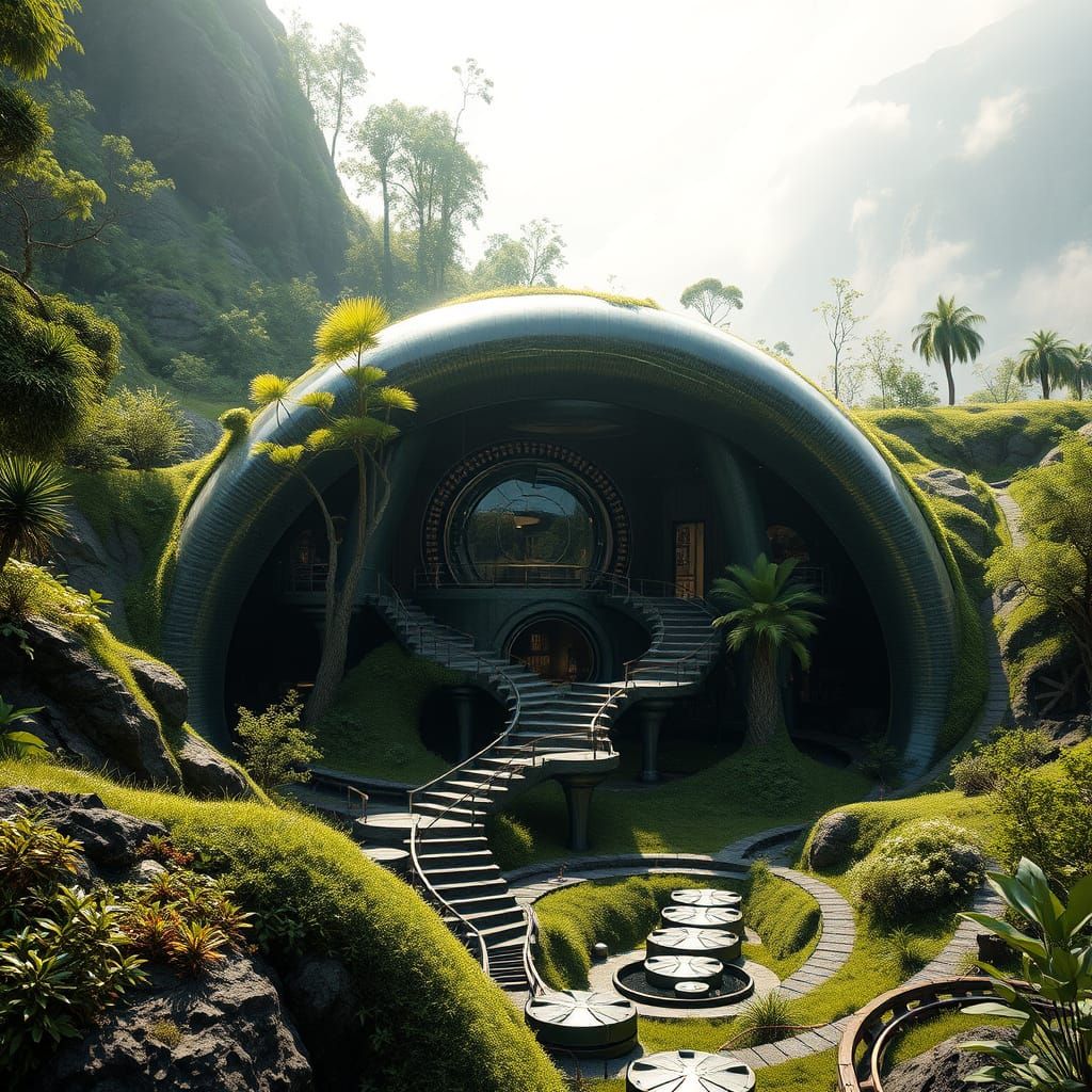 A cavernous, open-concept eco-dwelling with smooth, flowing curves of glassy obsidian seamlessly emerges from an earthen...