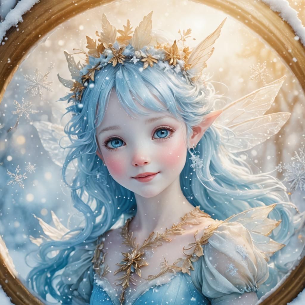 Cute Baby Fairy in Winter Snow, Arthur Rackham Style