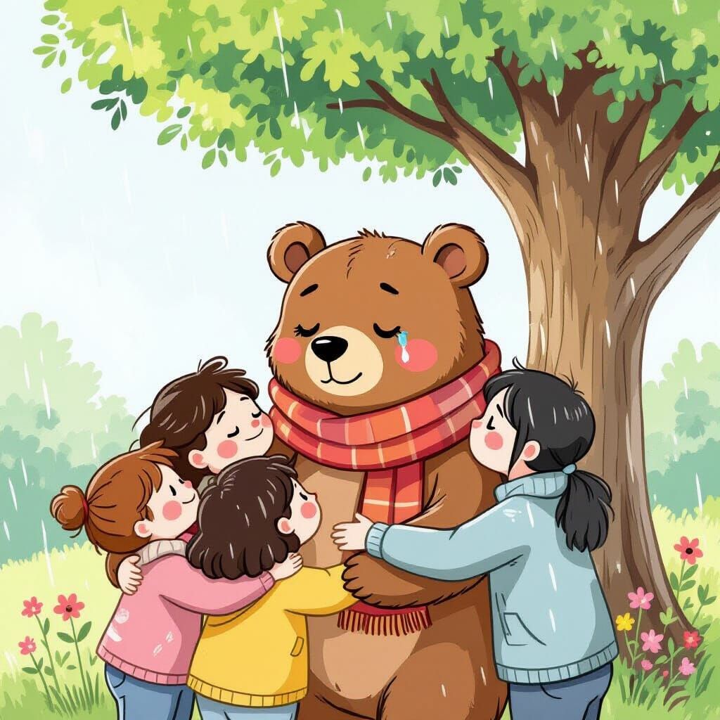 Comforting Cartoon Bear Hug in the Rain