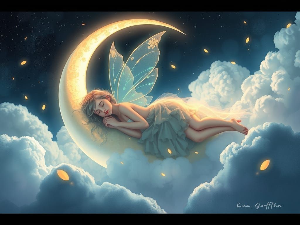Fairy Asleep on Moon in Dreamlike Watercolor