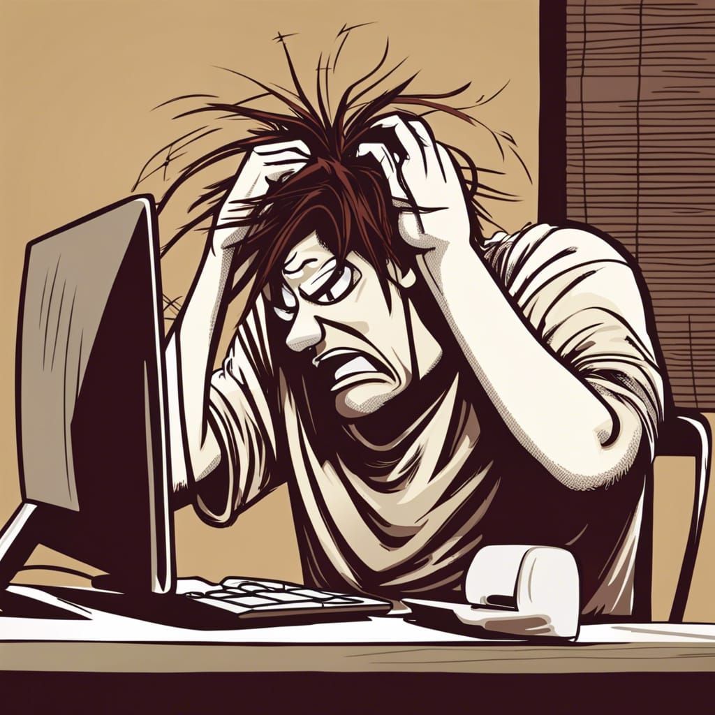 Humorous Cartoon of Frustrated Man at Computer