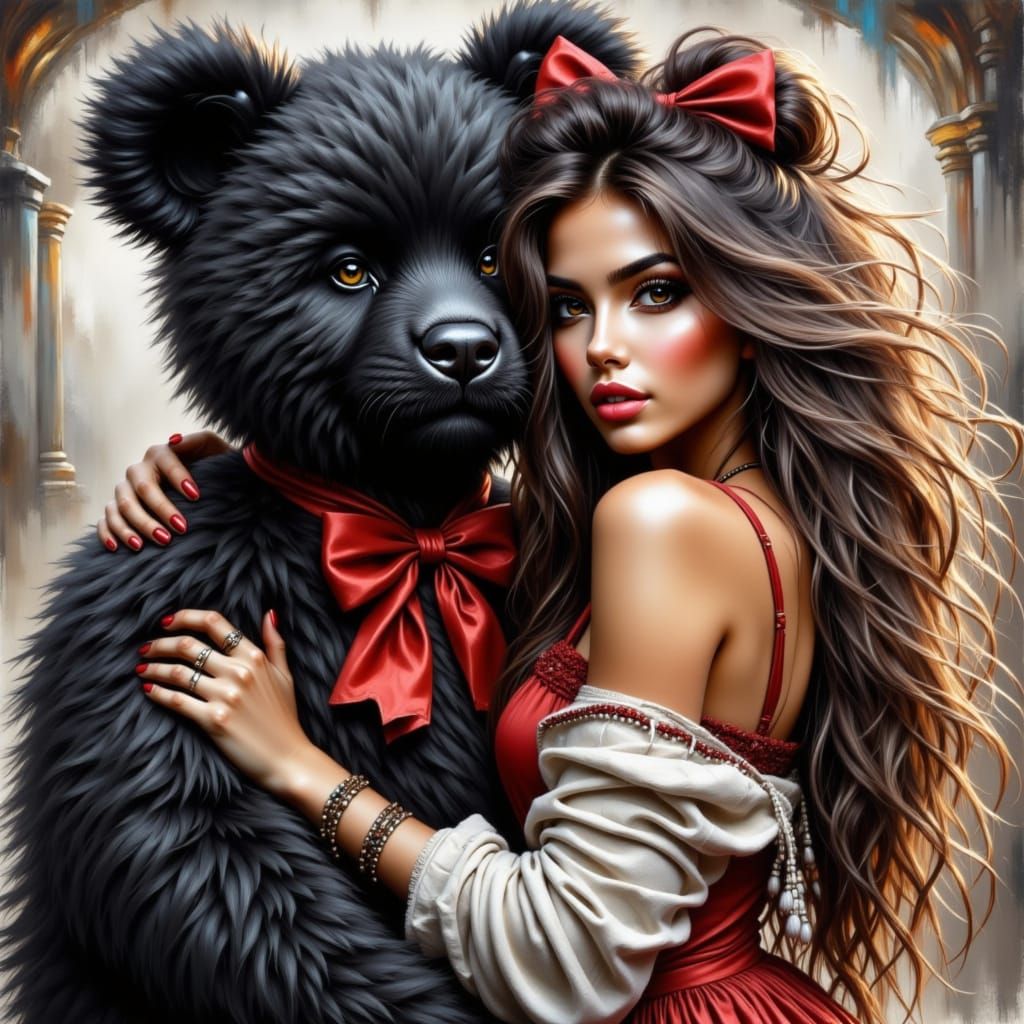 Woman Hugging Teddy Bear in Charcoal Drawing