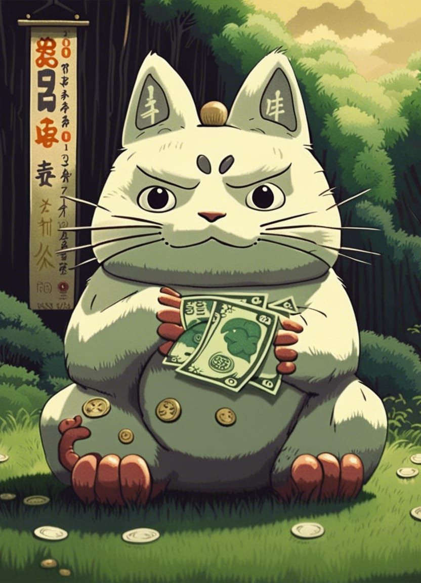 Totoro as Lucky Cat in Retro Anime Style