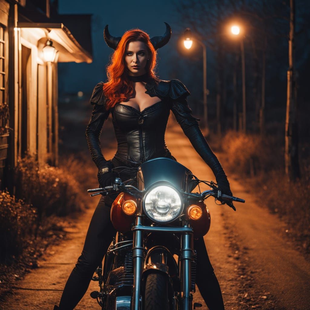 Devil Woman Poses With Motorcycle in Ethereal Moonlight