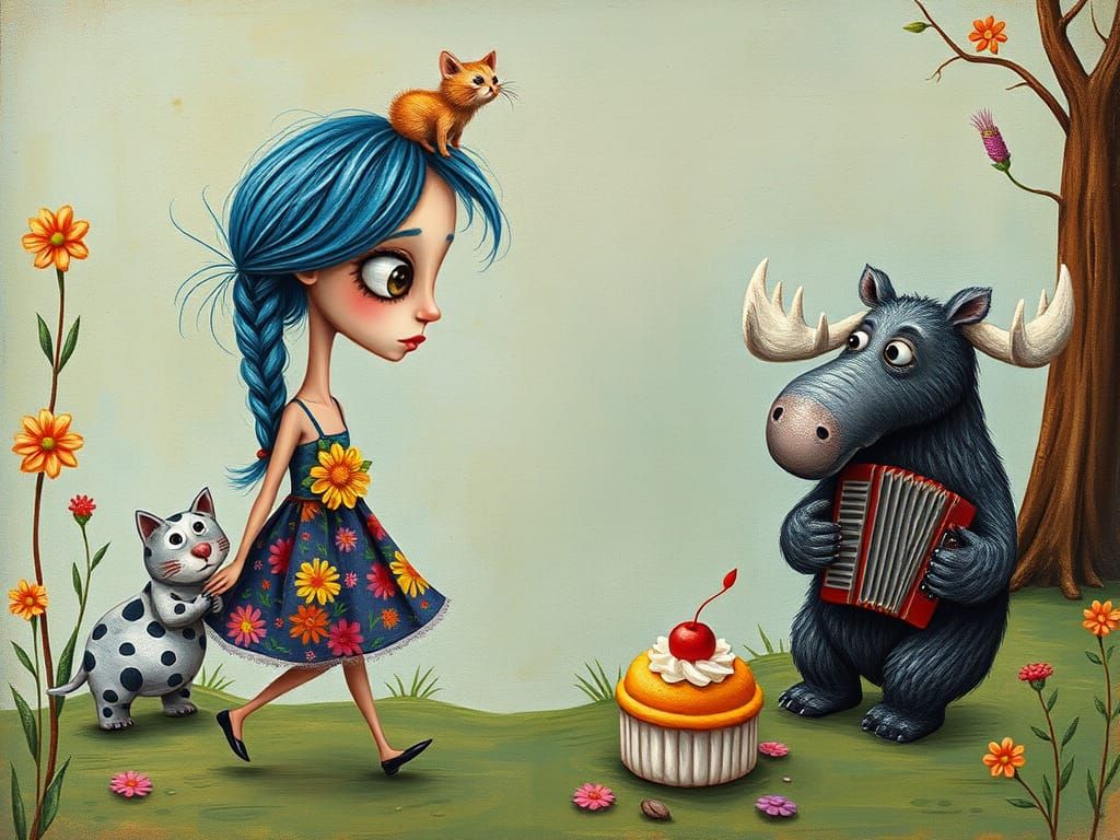 Quirky Girl Dances with Hippo and Bear, Accordion Moose