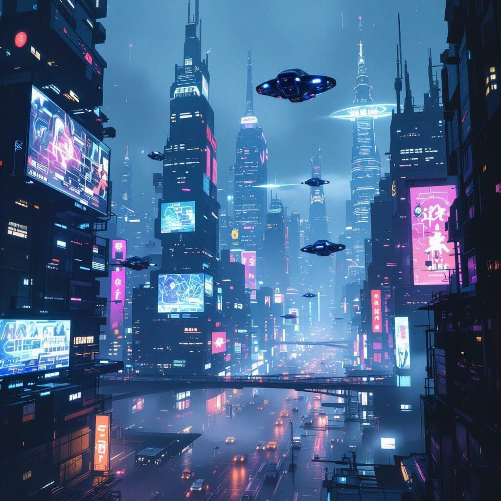 Cyberpunk Cityscape at Night with Neon Lights