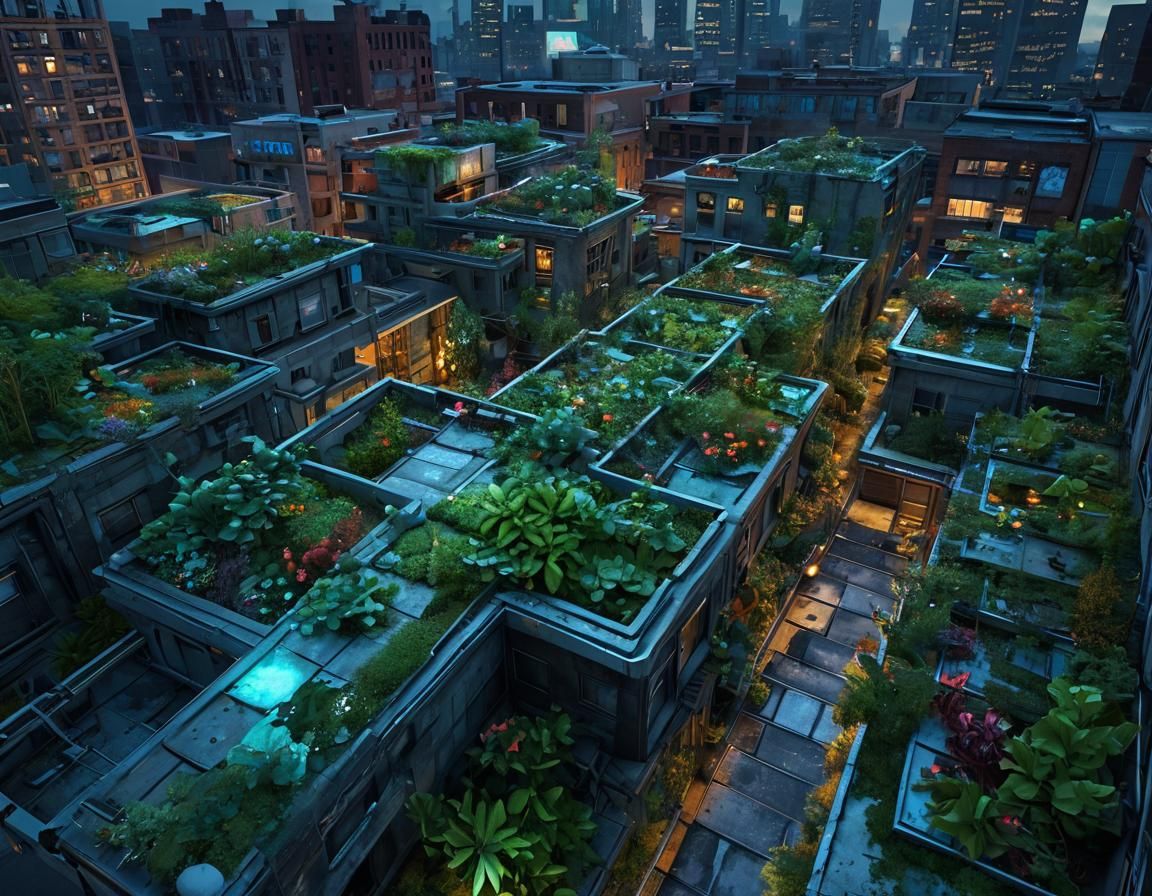 Biopunk Rooftop Garden with Bioluminescent Flora
