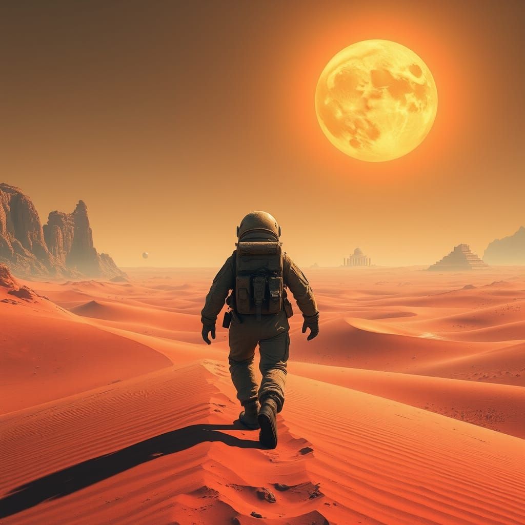 Space Explorer's Journey in an Alien Desert Landscape